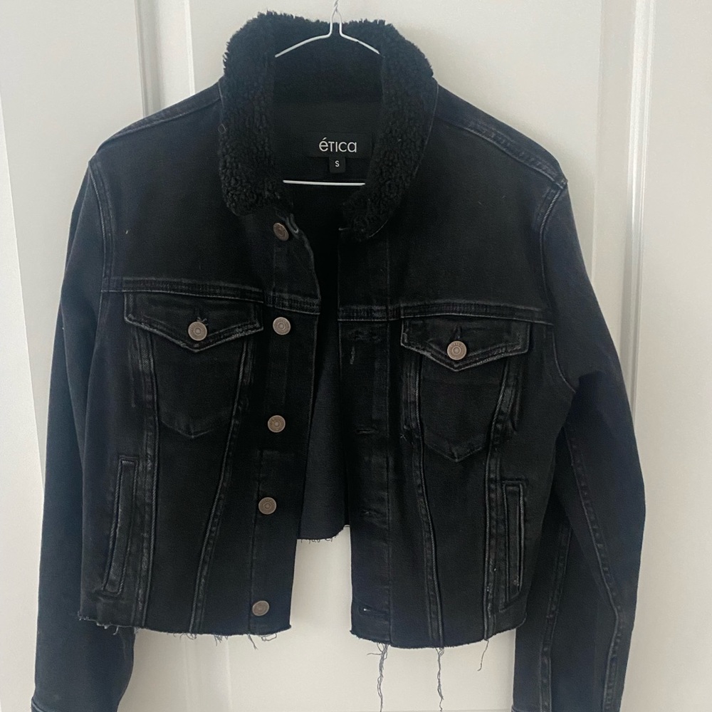 Etica Washed Black Lennox Jacket, Shearling Collar, size S, excellent condition